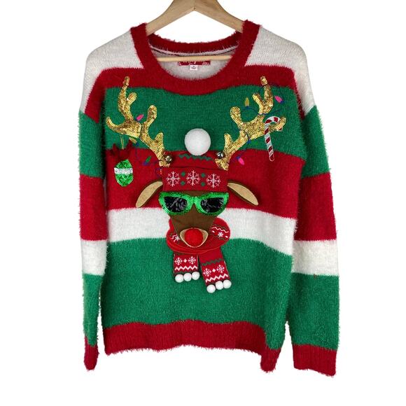 33 Degrees Unisex M Fuzzy Striped Rudolph Reindeer Ugly Christmas Sweater - Picture 1 of 8